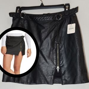 NWT Free People Vegan Leather Black Mini Skirt Zipper Buckle Waist Size 4